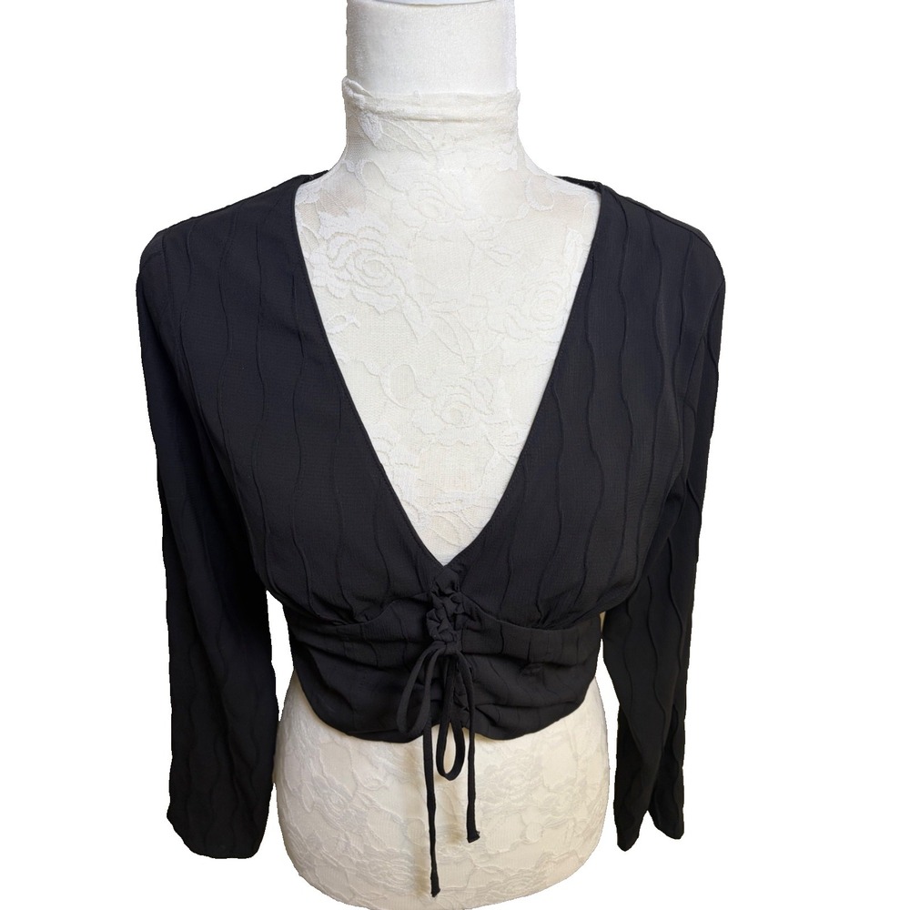 Elodie Black Blouse Crop Top~ M~ Deep V Neck Long Sleeves Y2K Vamp Whimsigoth